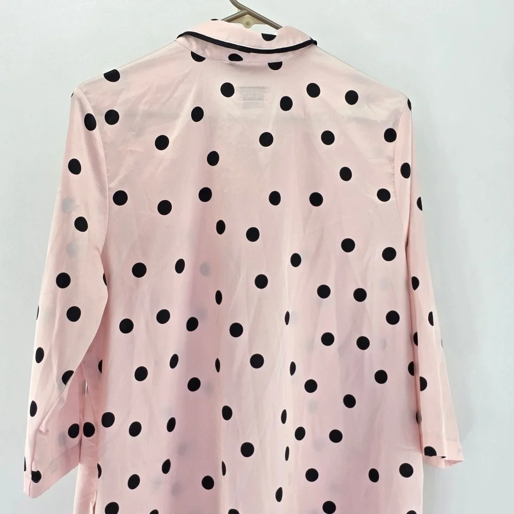 Kate Spade Sleep Shirt Womens Large Pink Polka Dot Satin Button Down Piping 6194